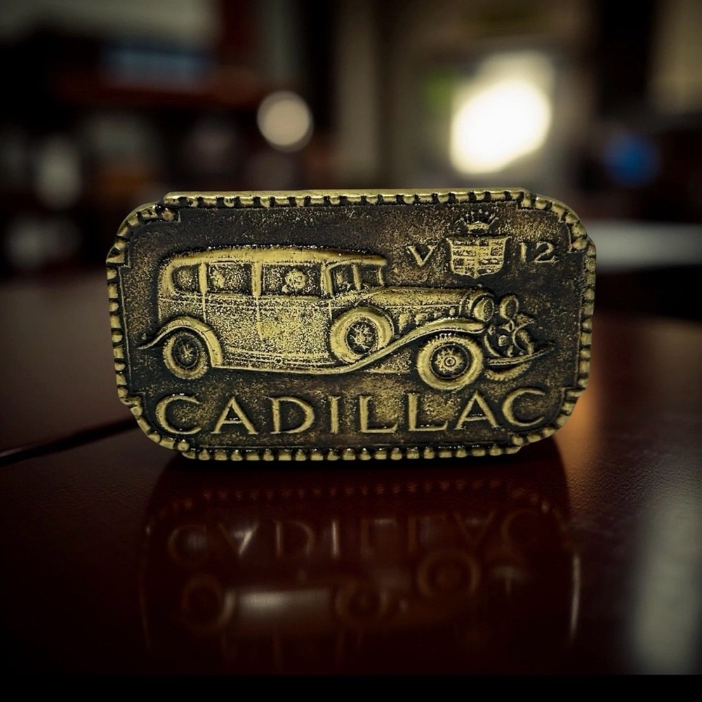 VTG 70’s 1931 Cadillac V12 Embossed Brass Metal Belt Buckle Indiana Metalcraft